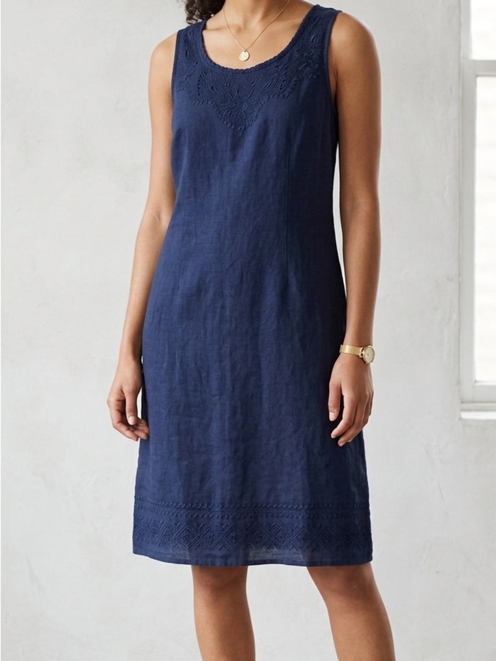 Sleeveless Navy Embroidered linen dress